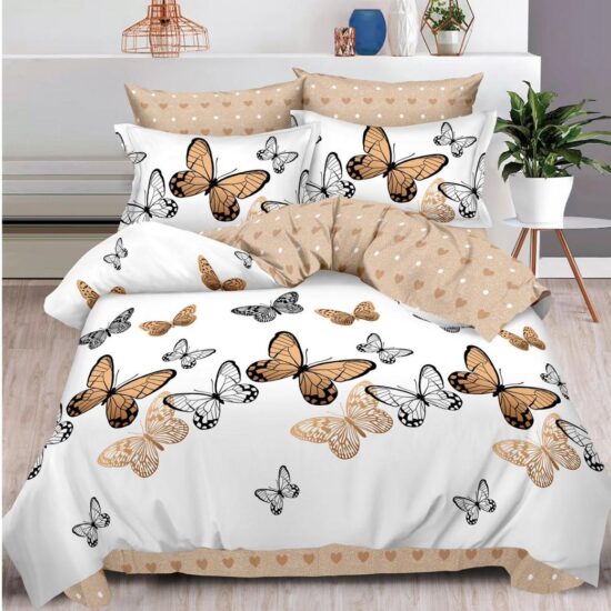 Lenjerie pentru Pat Dublu, Bumbac Finet, 6 Piese, Fluturasi Crem-Alb, Cod R60-227