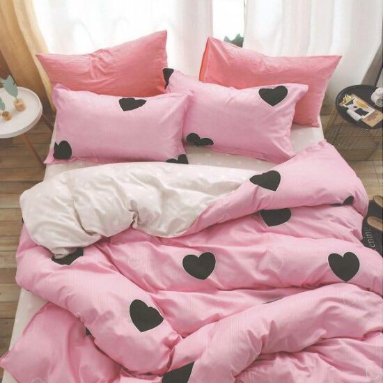 Lenjerie pentru Pat Dublu, Bumbac Finet, 6 Piese, Inimioare Roz-Negru, Cod R60-359