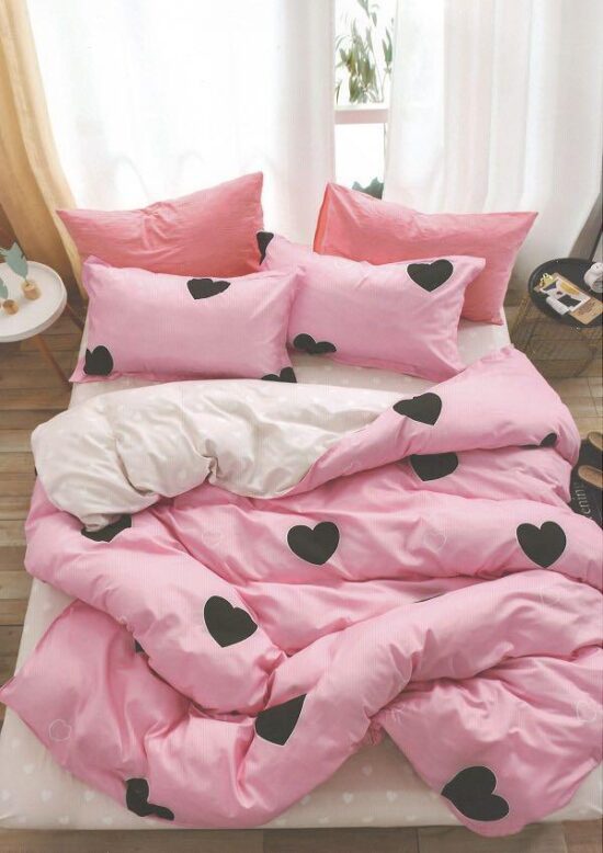 Lenjerie pentru Pat Dublu, Bumbac Finet, 6 Piese, Inimioare Roz-Negru, Cod R60-359