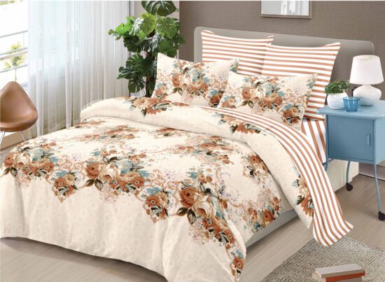 Lenjerie pentru Pat Dublu, Bumbac Finet, 6 Piese, Flori-Dungi, Bej-Maro, Cod R60-335