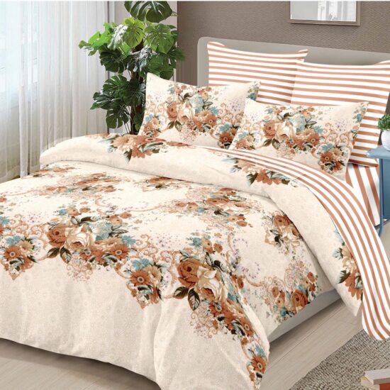 Lenjerie pentru Pat Dublu, Bumbac Finet, 6 Piese, Flori-Dungi, Bej-Maro, Cod R60-335
