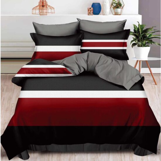 Lenjerie pentru Pat Dublu, Bumbac Finet, 6 Piese, Dungi, Rosu-Negru-Alb, Cod R60-281