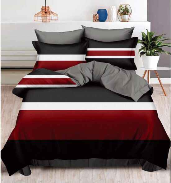 Lenjerie pentru Pat Dublu, Bumbac Finet, 6 Piese, Dungi, Rosu-Negru-Alb, Cod R60-281