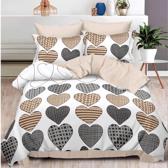 Lenjerie pentru Pat Dublu, Bumbac Finet, 6 Piese, Inimioare Bej-Gri-Alb, Cod R60-313