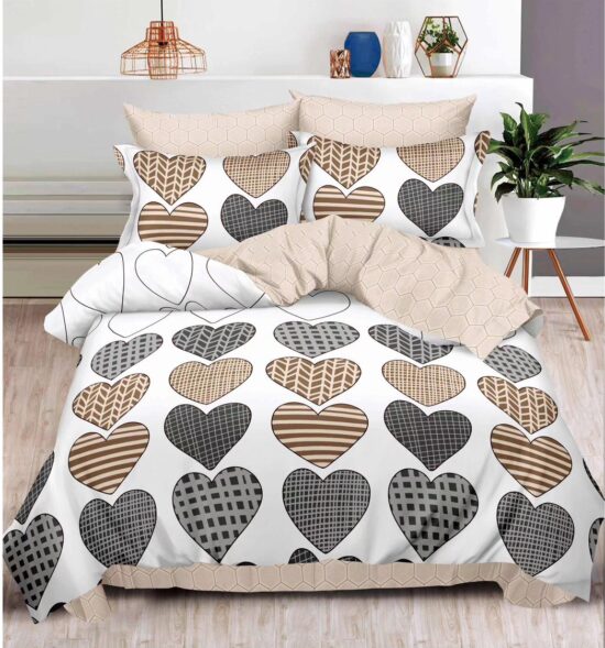 Lenjerie pentru Pat Dublu, Bumbac Finet, 6 Piese, Inimioare Bej-Gri-Alb, Cod R60-313