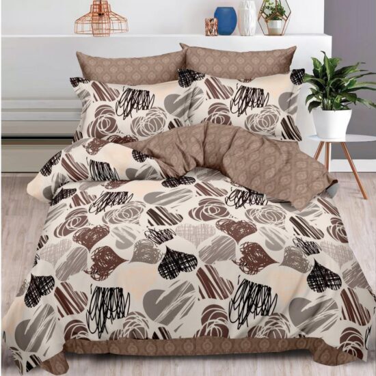 Lenjerie pentru Pat Dublu, Bumbac Finet, 6 Piese, Inimioare Bej-Maro, Cod R60-316