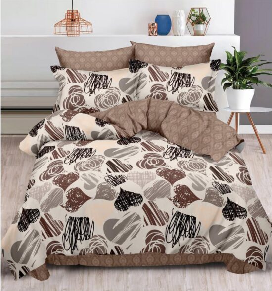 Lenjerie pentru Pat Dublu, Bumbac Finet, 6 Piese, Inimioare Bej-Maro, Cod R60-316
