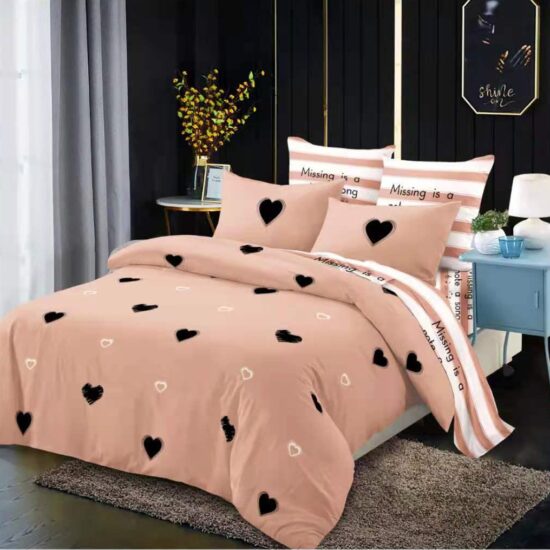 Lenjerie pentru Pat Dublu, Bumbac Finet, 6 Piese, Inimioare Crem-Alb, Cod R60-350