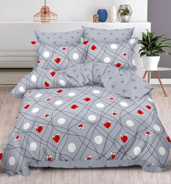 Lenjerie pentru Pat Dublu, Bumbac Finet, 6 Piese, Inimioare Gri-Rosu-Alb, Cod R60-345
