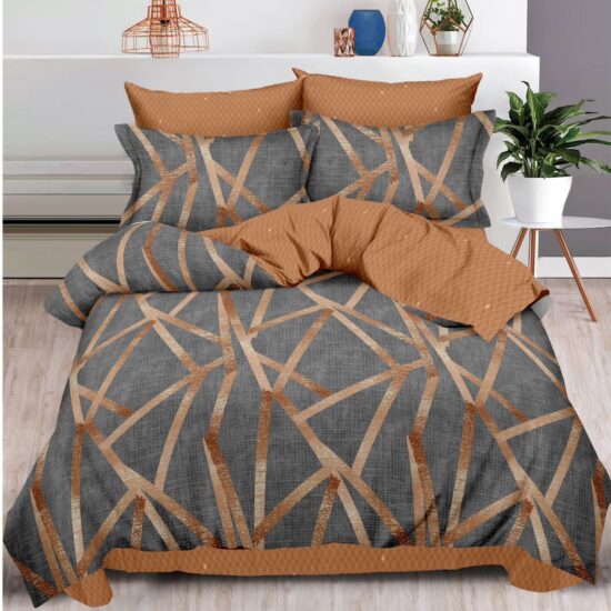 Lenjerie pentru Pat Dublu, Bumbac Finet, 6 Piese, Dungi, Maro-Gri, Cod R60-397