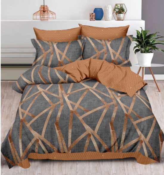 Lenjerie pentru Pat Dublu, Bumbac Finet, 6 Piese, Dungi, Maro-Gri, Cod R60-397