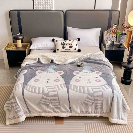 Patura Cocolino Premium cu Blanita, Pufoasa, Model Ursuleti, Gri-Alb, 200 x 230, Cod J491