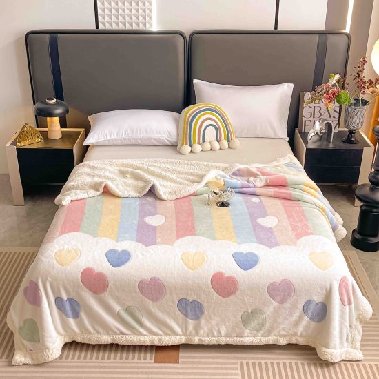 Patura Cocolino Premium cu Blanita, Pufoasa, Model Inimioare, Multicolor, 200 x 230, Cod J488