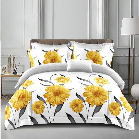 Lenjerie de Pat 2 Persoane Bumbac Satinat, 4 Piese, Model Floricele, Alb-Galben, Cod A50-626