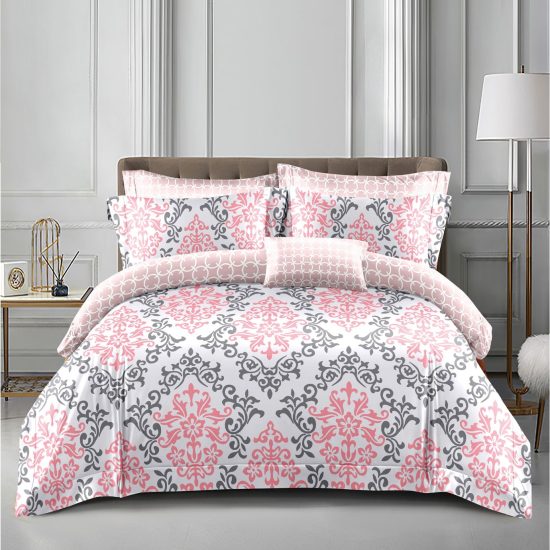 Lenjerie de Pat 2 Persoane Bumbac Satinat, 4 Piese, Model Modern, Alb-Roz, Cod A50-631