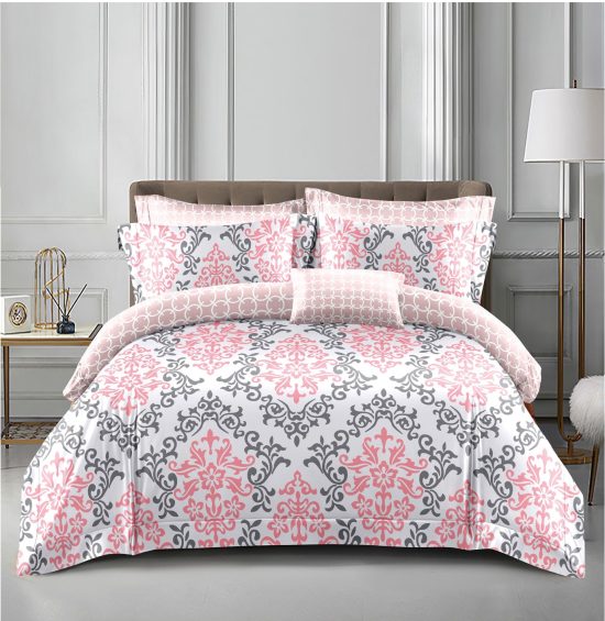 Lenjerie de Pat 2 Persoane Bumbac Satinat, 4 Piese, Model Modern, Alb-Roz, Cod A50-631