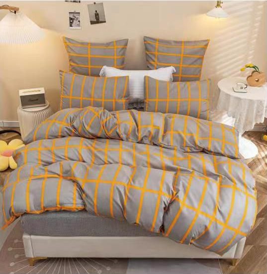 Lenjerie de Pat 2 Persoane Bumbac Satinat, 4 Piese, Model Dungi, Galben-Gri, Cod A50-633