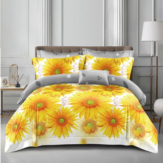 Lenjerie de Pat 2 Persoane Bumbac Satinat, 4 Piese, Model Floricele, Galben-Gri-Alb, Cod A50-634