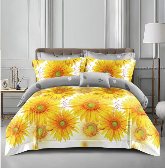 Lenjerie de Pat 2 Persoane Bumbac Satinat, 4 Piese, Model Floricele, Galben-Gri-Alb, Cod A50-634