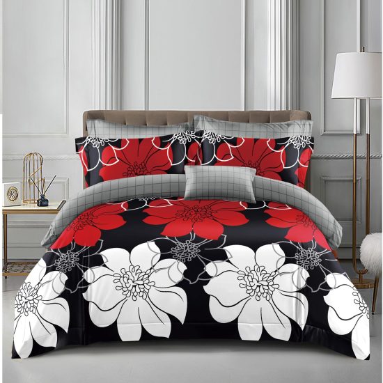 Lenjerie de Pat 2 Persoane Bumbac Satinat, 4 Piese, Model Floricele, Negru-Gri-Alb, Cod A50-635