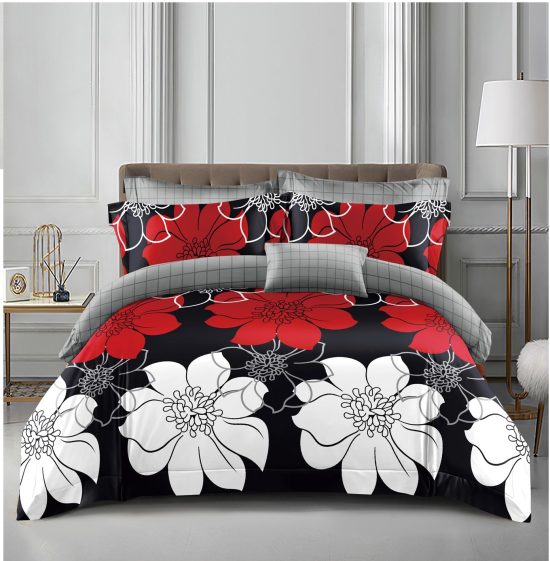 Lenjerie de Pat 2 Persoane Bumbac Satinat, 4 Piese, Model Floricele, Negru-Gri-Alb, Cod A50-635