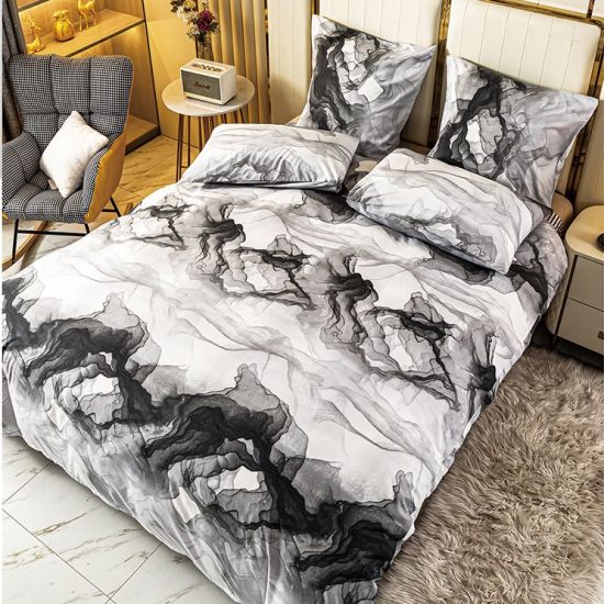 Lenjerie de Pat 2 Persoane Bumbac Satinat, 4 Piese, Model Modern, Negru-Alb, Cod A50-638