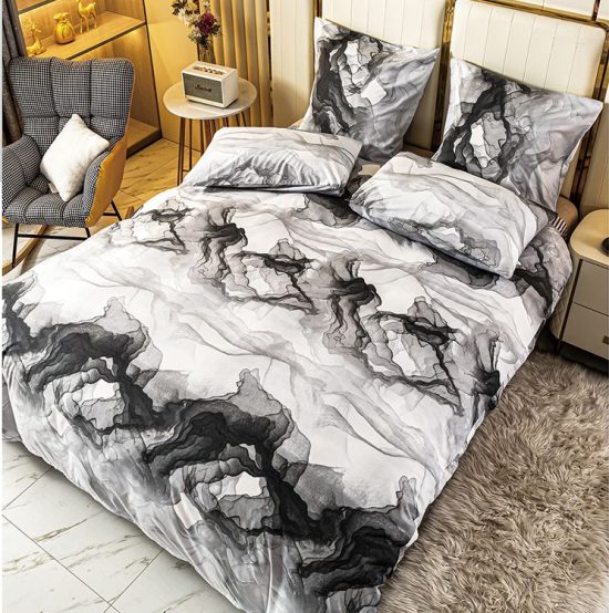 Lenjerie de Pat 2 Persoane Bumbac Satinat, 4 Piese, Model Modern, Negru-Alb, Cod A50-638