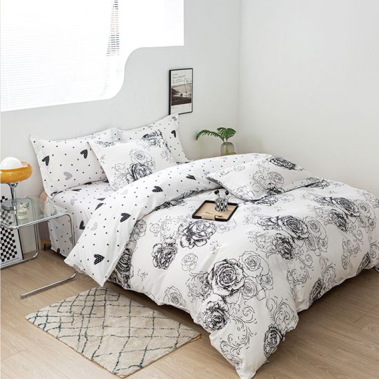 Lenjerie de Pat 2 Persoane Bumbac Satinat, 4 Piese, Model Floricele, Negru-Alb, Cod A50-639