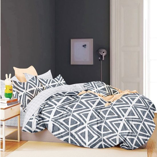 Lenjerie de Pat 2 Persoane Bumbac Satinat, 4 Piese, Model Modern, Gri-Alb, Cod A50-646