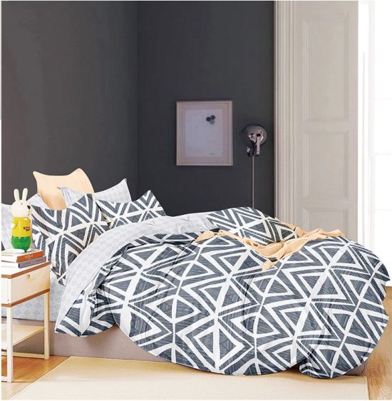 Lenjerie de Pat 2 Persoane Bumbac Satinat, 4 Piese, Model Modern, Gri-Alb, Cod A50-646