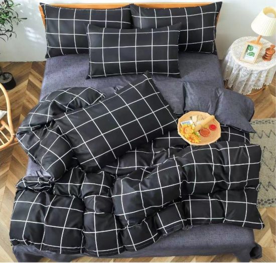 Lenjerie de Pat 2 Persoane Bumbac Satinat, 4 Piese, Model Modern, Gri-Negru, Cod A50-652