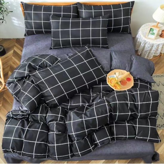 Lenjerie de Pat 2 Persoane Bumbac Satinat, 4 Piese, Model Modern, Gri-Negru, Cod A50-652