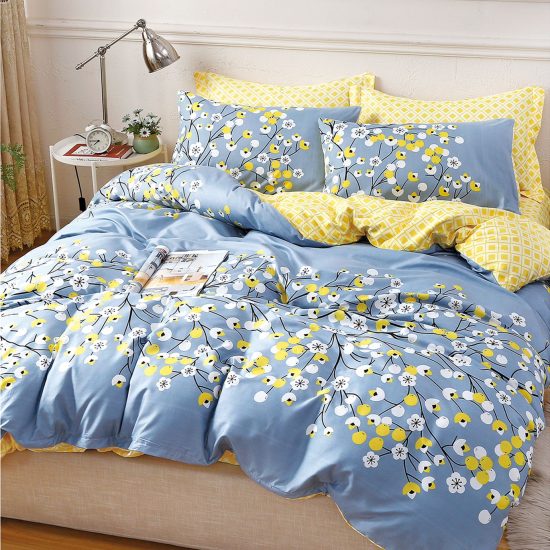 Lenjerie de Pat 2 Persoane Bumbac Satinat, 4 Piese, Model Floricele, Albastru-Galben, Cod A50-437
