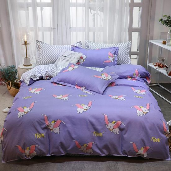 Lenjerie de Pat 2 Persoane Bumbac Satinat, 4 Piese, Model Elefanti, Mov, Cod A50-488