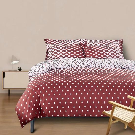 Lenjerie de Pat 2 Persoane Bumbac Satinat, 4 Piese, Model Romburi, Alb-Visniu, Cod A50-516