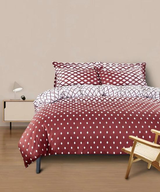 Lenjerie de Pat 2 Persoane Bumbac Satinat, 4 Piese, Model Romburi, Alb-Visniu, Cod A50-516