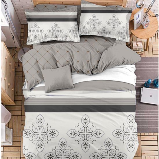 Lenjerie de Pat 2 Persoane Bumbac Satinat, 4 Piese, Model Modern, Gri-Alb, Cod A50-590