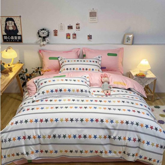 Lenjerie de Pat 2 Persoane Bumbac Satinat, 4 Piese, Model Stelute, Multicolor, Cod A50-604