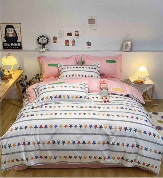 Lenjerie de Pat 2 Persoane Bumbac Satinat, 4 Piese, Model Stelute, Multicolor, Cod A50-604