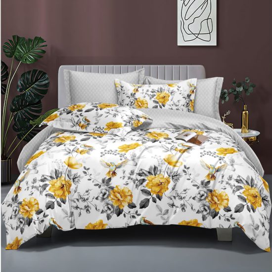 Lenjerie de Pat 2 Persoane Bumbac Satinat, 4 Piese, Model Floricele, Alb-Galben, Cod A50-620