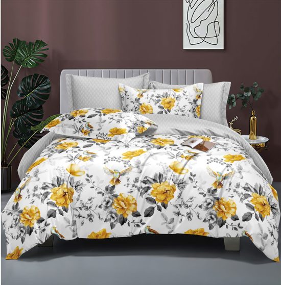 Lenjerie de Pat 2 Persoane Bumbac Satinat, 4 Piese, Model Floricele, Alb-Galben, Cod A50-620