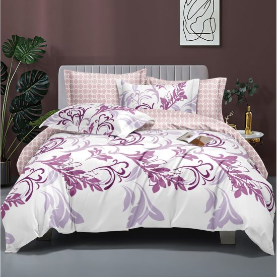Lenjerie de Pat 2 Persoane Bumbac Satinat, 4 Piese, Model Modern, Alb-Mov, Cod A50-621