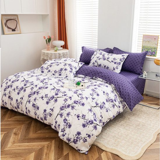 Lenjerie de Pat 2 Persoane Bumbac Satinat, 4 Piese, Model Floricele, Alb-Mov, Cod A50-625