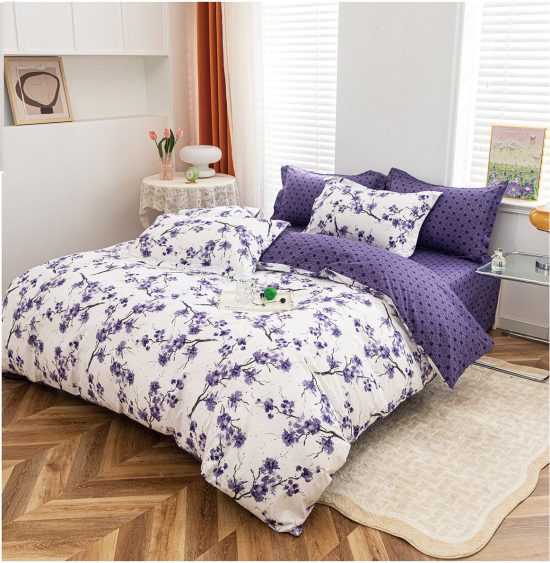 Lenjerie de Pat 2 Persoane Bumbac Satinat, 4 Piese, Model Floricele, Alb-Mov, Cod A50-625
